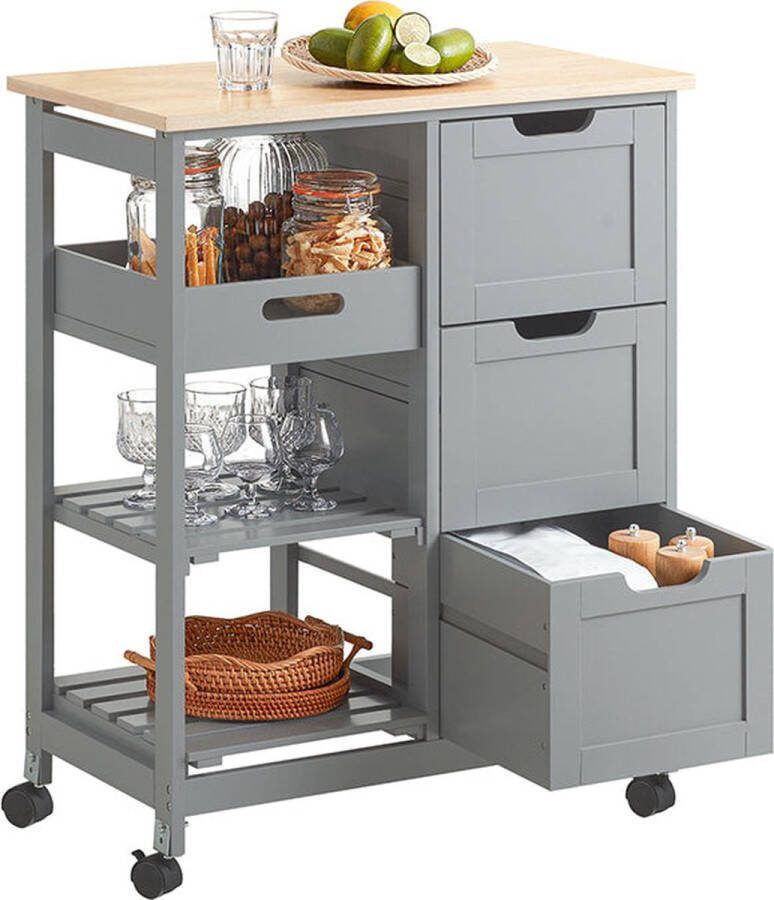 Rootz Living Rootz Keukentrolley Serveerwagen Mobiele opbergeenheid Gemakkelijke manoeuvreerbaarheid Ruime opbergruimte met 3 laden en planken Duurzame constructie van MDF en grenen 67 cm x 84 5 cm x 37 cm Lichtgrijs