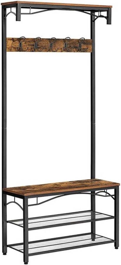 Rootz Living Rootz Kledingkast Industriële Stijl Schoenenrek Stabiel Kapstokhaken Veilig Stevige constructie Rustieke uitstraling Elegante kapstok Metalen buizen met poedercoating Zwart-donkerbruin 80 x 178 5 x 30 cm