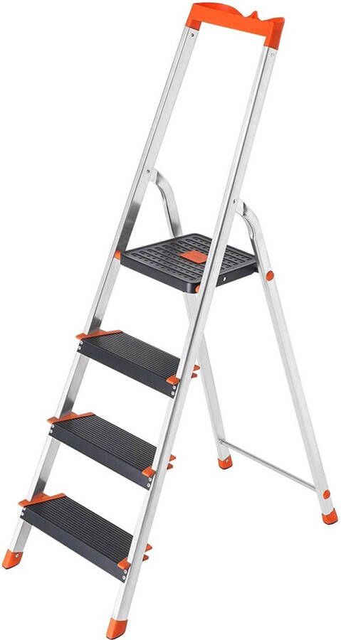 Rootz Living Rootz Ladder 4 Treden Aluminium Trapladder Gereedschapsbak Antislip Zwart Oranje 44 x 11 5 x 156 cm