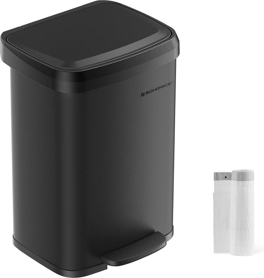 Rootz Living Rootz 50L Zwarte prullenbak met deksel Vuilnisbak Afvalmand Staal en PP-kunststof Handsfree bediening Geurbestrijding Ruimtebesparend ontwerp 40 4 cm x 32 1 cm x 58 6 cm