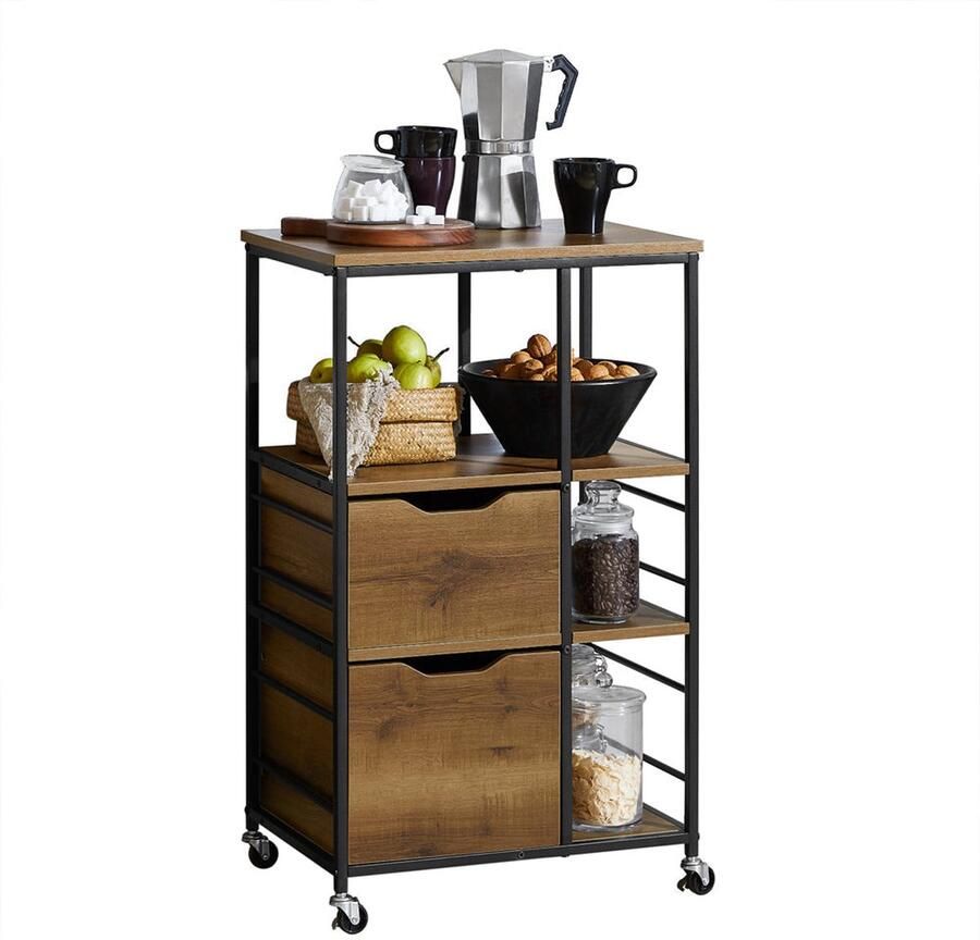 Rootz Living Rootz Keukentrolley Serveerwagen Multifunctionele kast 3 planken 3 grote laden mobiel met remmen 53 cm x 89 cm x 37 cm