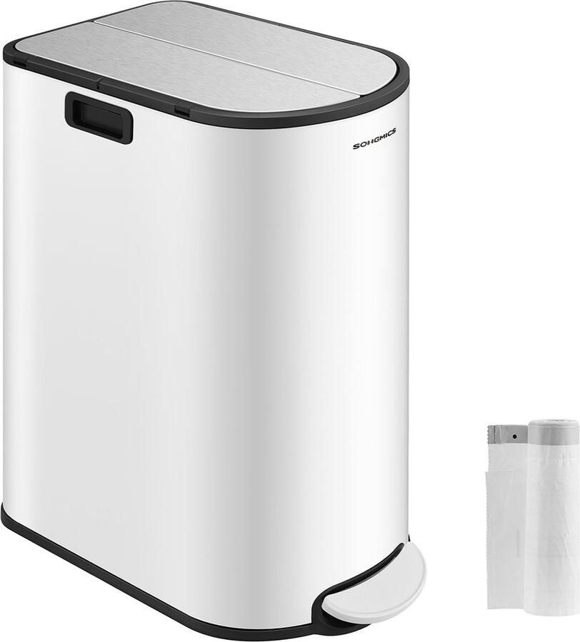 Rootz Living Rootz Stalen Prullenbak Afvalbak Vuilnisbak Voetpedaal Wolk Wit-Metallic Zilver PP Plastic Binnenemmer 20L & 30L Capaciteit 49cm x 29cm x 64cm 25 6cm x 17 8cm x 60 5cm 25 6cm x 25cm x 60 5 cm 7 3 kg Taarttrommel met 2 vakken