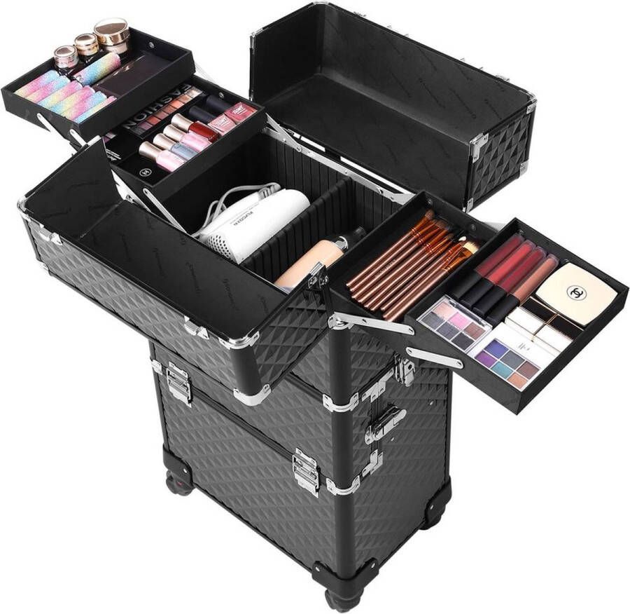 Rootz Living Rootz Make-up Trolley 3-in-1 Make-up Trolley Make-up Organizer Trolley Draagbare Make-up Winkelwagen Reismake-up Trolley Vanity Trolley Mobiel Beauty Station Aluminium Strip + Metalen Hoeken Zwart 37 x 75 x 23 cm (B x HxD)