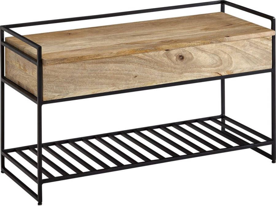 Rootz Living Rootz Opbergbank Metalen Halbank Kleine Schoenenbank met Zitje Smalle Ingangsbank met Schoenenrek Bruin Massief Mangohout 90x52x38 cm