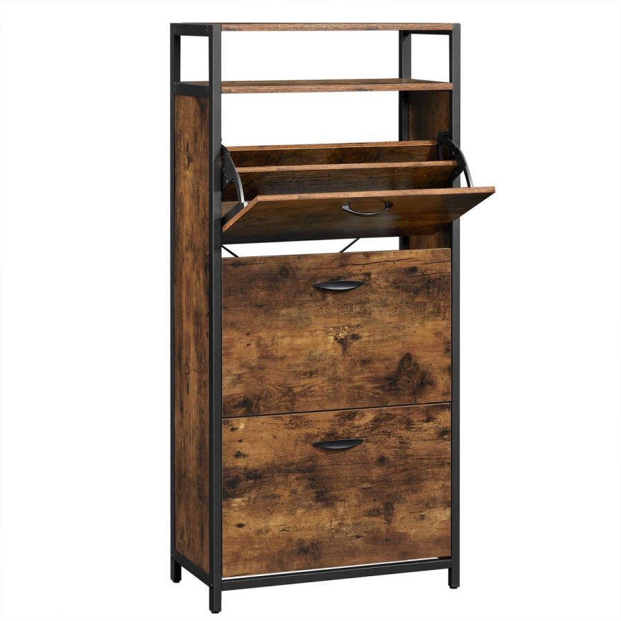 Rootz Living Rootz Schoenenkast met 3 kleppen Schoenenrek Schoenenkist met 3 vakken Voor 12-18 paar schoenen Vintage bruin-zwart (60 x 30 x 130 cm)