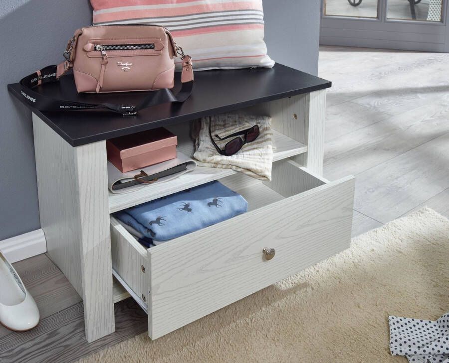 Rootz Living Rootz Schoenenrek Smal Design Schoenenkast Kleine Schoenenstandaard met Lade Schoenenopberger in de Gang Wit Berken Decor 68 5x46x40 cm