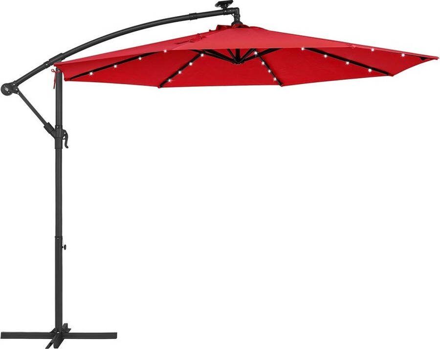 Rootz Living Rootz Solar Cantilever Paraplu Rode terrasparaplu Zonnescherm voor buiten Gepoedercoate metalen staaf 180 g m2 polyester stof 3 m diameter 2 45 m hoogte 14 kg Inclusief zonnepaneel en kruisvoet