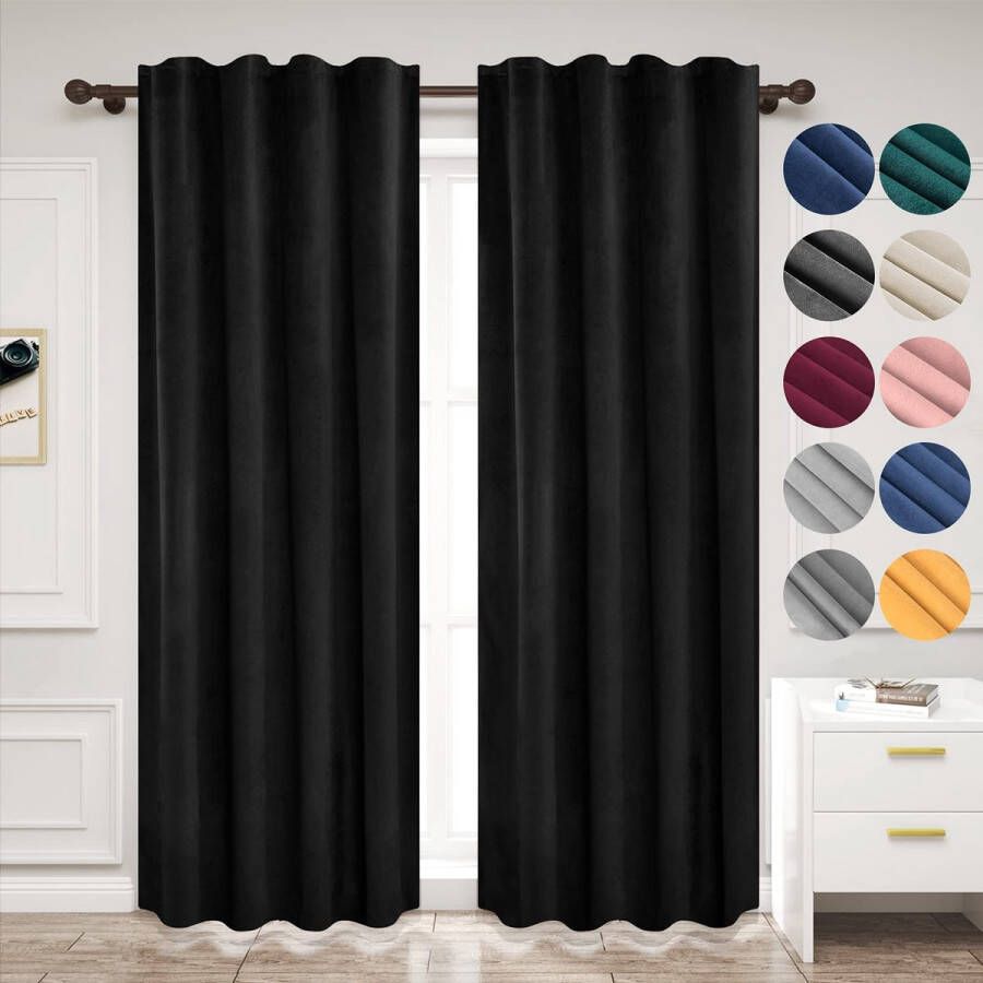 Rootz Living Rootz Verduisterende Fluwelen Gordijnen Raambekleding Thermische panelen Kamerverduisterers Gordijnen Zwart 140x270 cm