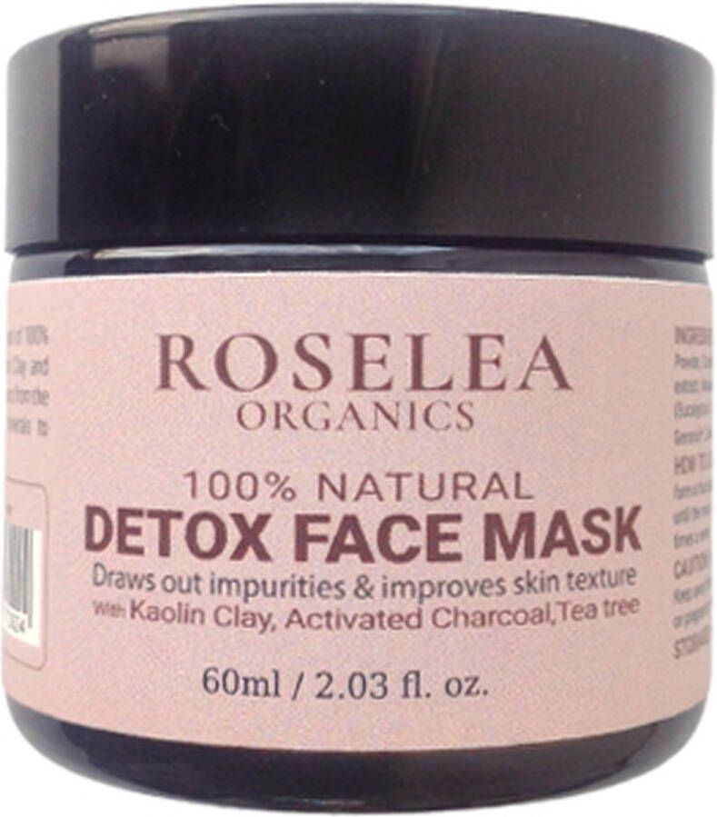 Roselea Organics Gezichtsmasker Detox is een 100% natuurlijk mineraal gezichtsmasker dat de huid op milde wijze ontgift en reinigt. Geformuleerd met een mix van bentoniet klei kaolien klei actieve kool en Tea tree 60g