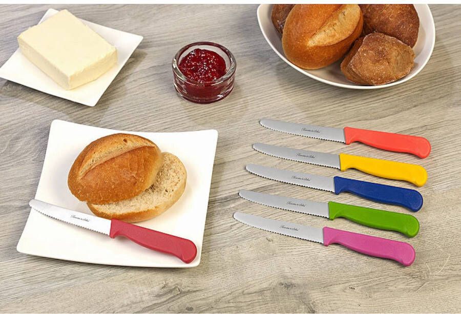 Rosenstein & Söhne Set van 6 kleurrijke ontbijtmessen met gekartelde rand broodmessen lemmetlengte 11 4 cm