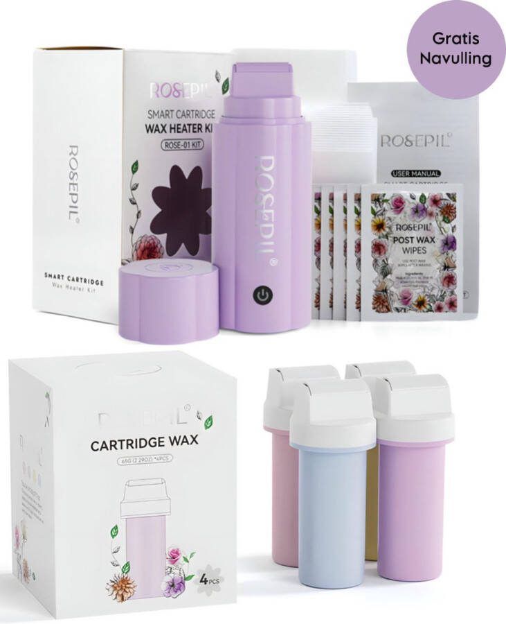 ROSEPIL Wax Apparaat Smart Cartridge Wax Roller Ontharingsapparaat Wax Roller Kit Inclusief 4 Gratis Navullingen Wax Patroon Verwarmer Waxen 2 Maten Waxstrips Wax Wipes