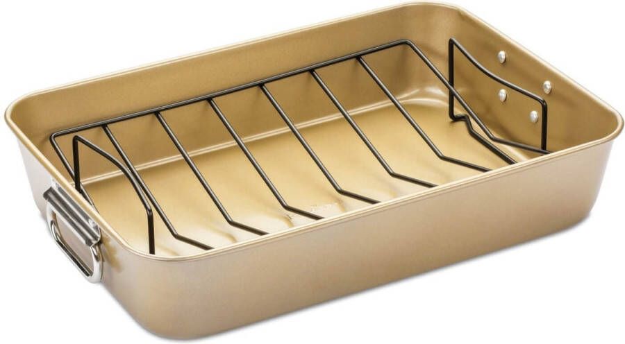 Rosmarino BakerGold Braadslede met Rooster Braadslede Ovenschaal Bakplaat Braadslede met Rek Ovenschaal Rechthoekig 40x28 cm Goud