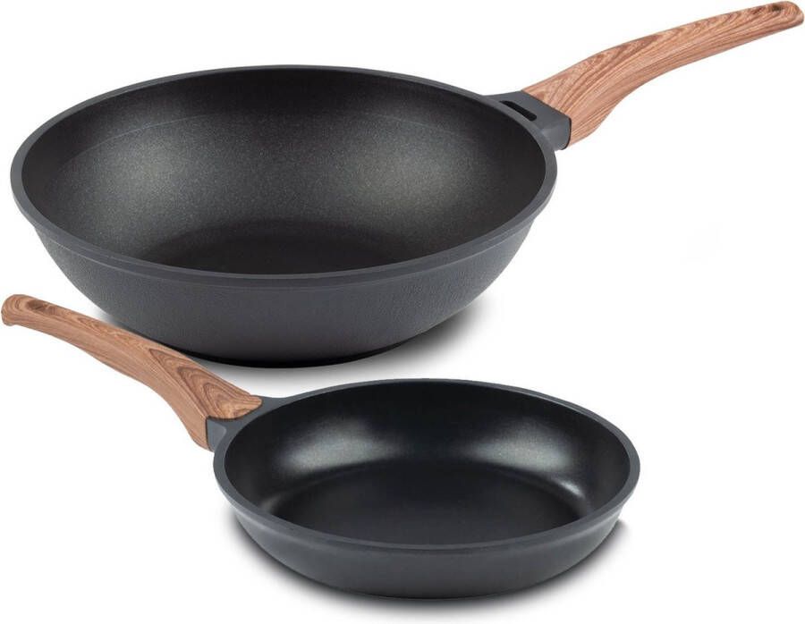 Rosmarino Black Line Koekenpan 24cm + wokpan 30cm 100% PFAS & PFOA vrij gegoten aluminium non-stick minerale coating ergonomische handgreep geschikt voor alle warmtebronnen & vaatwasser