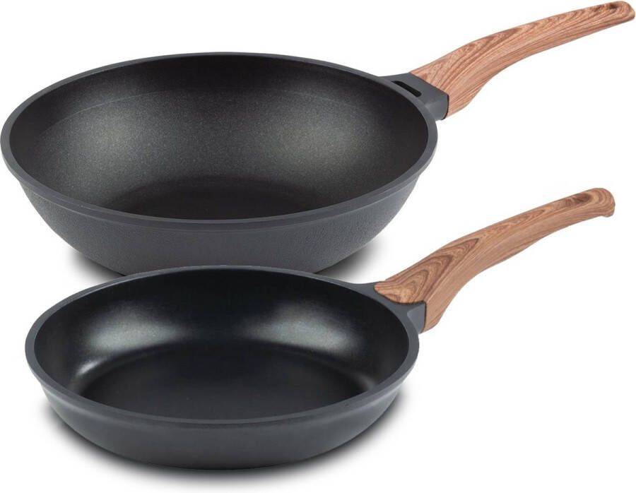 Rosmarino Black Line Koekenpan 28cm + wokpan 30cm 100% PFAS & PFOA vrij gegoten aluminium non-stick minerale coating ergonomische handgreep geschikt voor alle warmtebronnen & vaatwasser