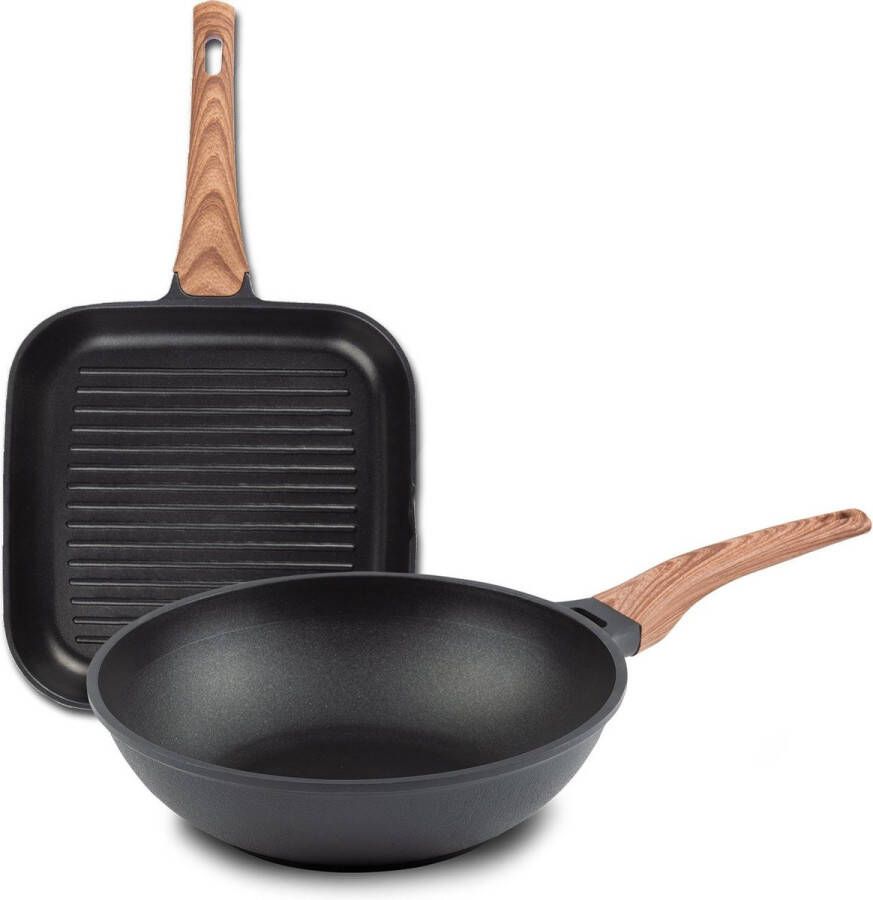 Rosmarino Black Line Grillpan 28cm & wokpan 30cm 100% PFAS & PFOA vrij gegoten aluminium non-stick minerale coating ergonomische handgreep geschikt voor alle warmtebronnen & vaatwasse