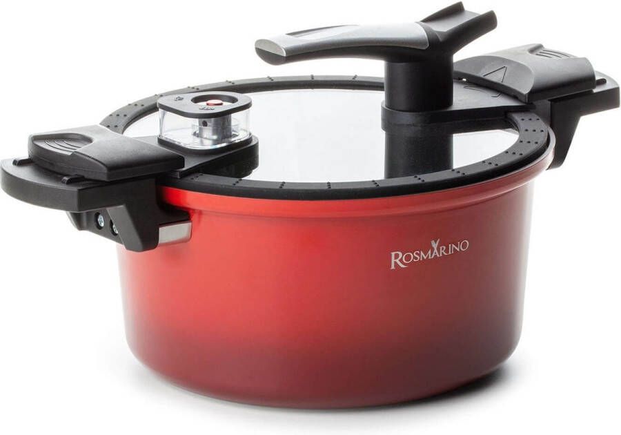 Rosmarino snelkookpan met glazen deksel zwart Ø24cm 5 liter 100% PFAS & PFOA vrij aluminium pressure cooker non-stick minerale coating ergonomische handgrepen geschikt voor alle warmtebronnen