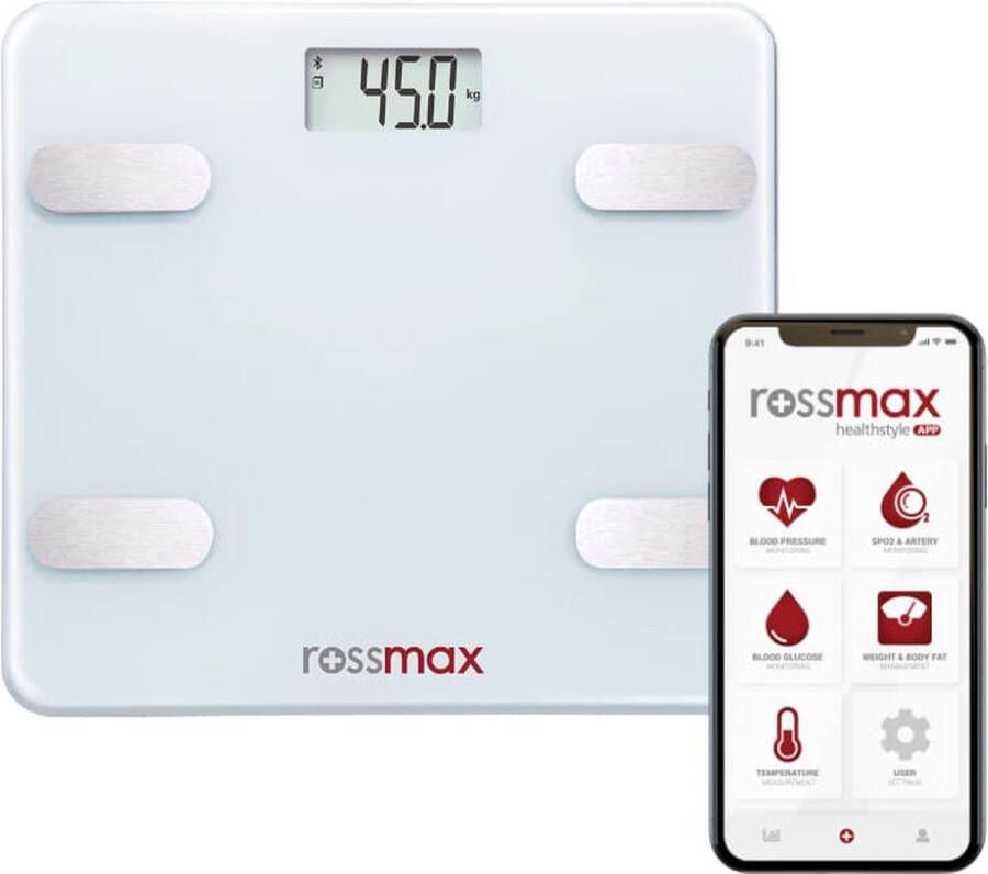 Rossmax WF262 Slimme Personenweegschaal Met Uitgebreide Lichaamsanalyse met Vetpercentage BMI BMR Spiermassa Digitaal Bluetooth Smartphone App Geheugen Persoonlijke Doelen Instellen Wit