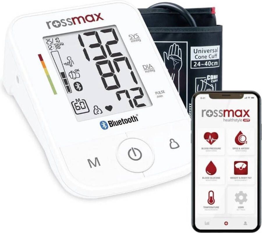 Rossmax X3 BT Bloeddrukmeter Bovenarm Hartstichting Klinisch Gevalideerd Hartslagmeter Bluetooth Smartphone App Onregelmatige Hartslag Geheugen Gemiddelde 3 Metingen Manchet 22 40 cm 2 Gebruikers en Gastmodus