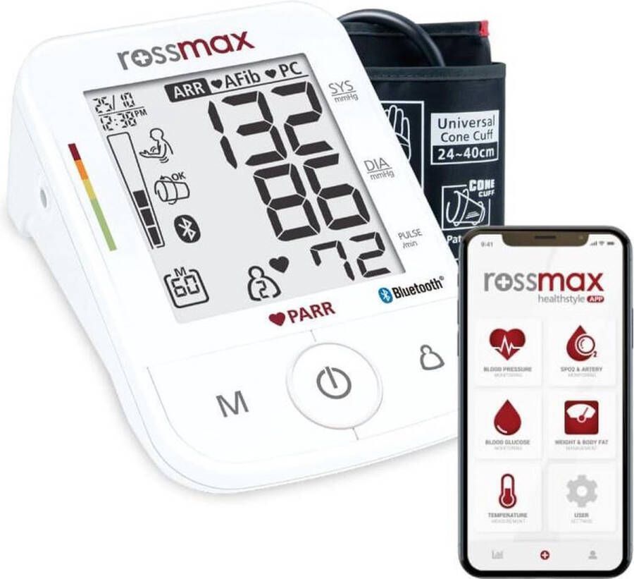 Rossmax X5 BT Bloeddrukmeter Bovenarm Hartstichting Klinisch Gevalideerd Hartslagmeter Bluetooth Smartphone App Onregelmatige Hartslag AFib en PC Detectie Geheugen Gemiddelde Ochtend en Avond 2 Gebruikers en Gastmodus