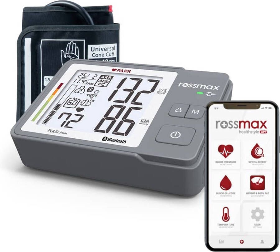 Rossmax Z5 *Nieuw* Bloeddrukmeter Bovenarm Hartstichting Klinisch Gevalideerd Hartslagmeter Bluetooth Smartphone App Onregelmatige Hartslag AFib en PC Detectie Geheugen Gemiddelde Ochtend Avond Accu 2 Gebruikers en Gastmodus