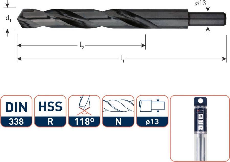 Rotec BV EDI ROTEC 120 HSS SPIRAALBOOR SILVER-LINE DIN 338 TYPE N AFGEDRAAID D2=13 MM 15 0 MM 120.1500