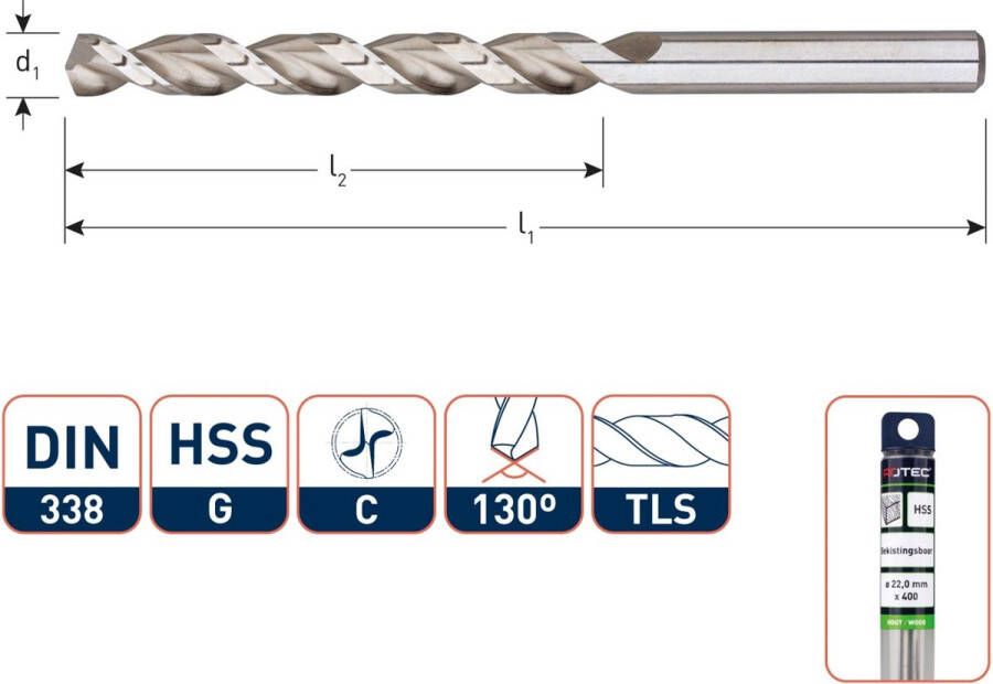 Rotec Houtspiraalboor HSS DIN338 TLS ø3 33 61 mm