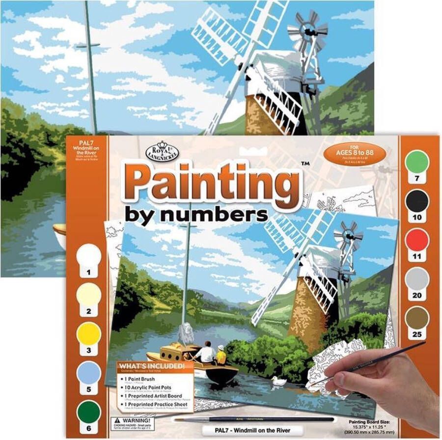 Royal Brush Schilderen op nummer Paint by numbers Windmolen langs de rivier 28.6x39cm Schilderen op nummer volwassenen Paint by numbers volwassenen