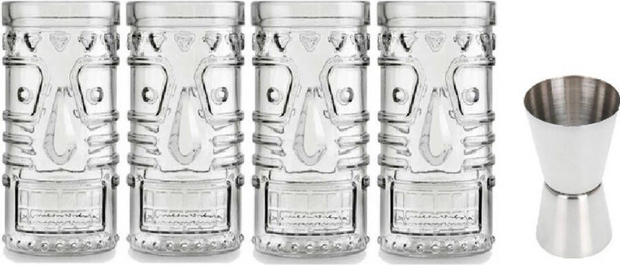 Royal Leerdam 4x Cocktailglazen Mai Tai glazen transparant 490 ml Met RVS maatbeker barmaatje 2-in-1 15 30 ml