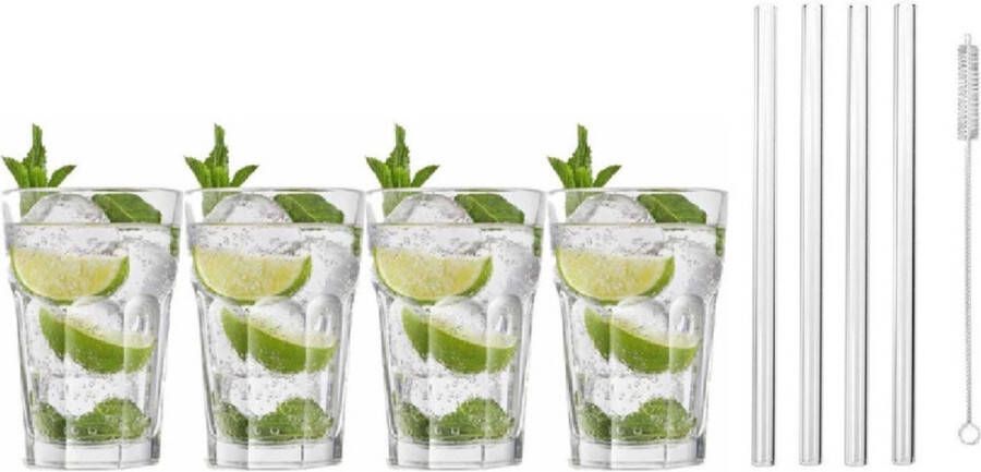 Royal Leerdam 4x Cocktailglazen Mojito glazen transparant 410 ml Inclusief 4x glazen herbruikbare rietjes