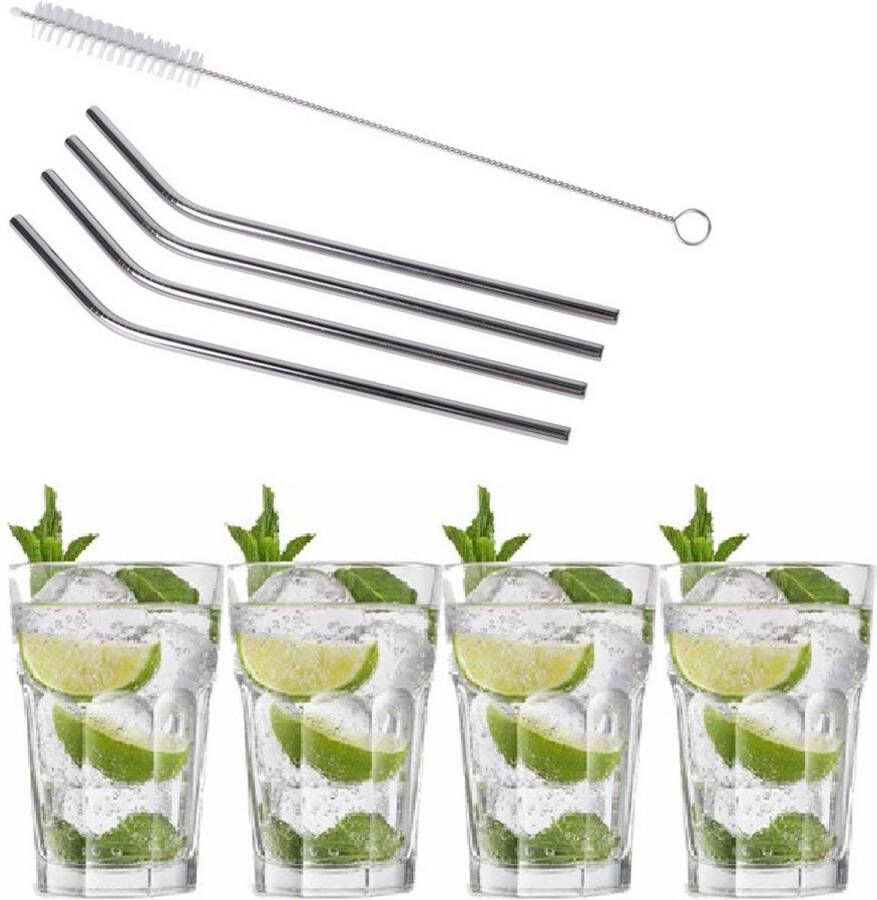 Royal Leerdam 4x Cocktailglazen Mojito glazen transparant 410 ml Inclusief 4x RVS herbruikbare rietjes