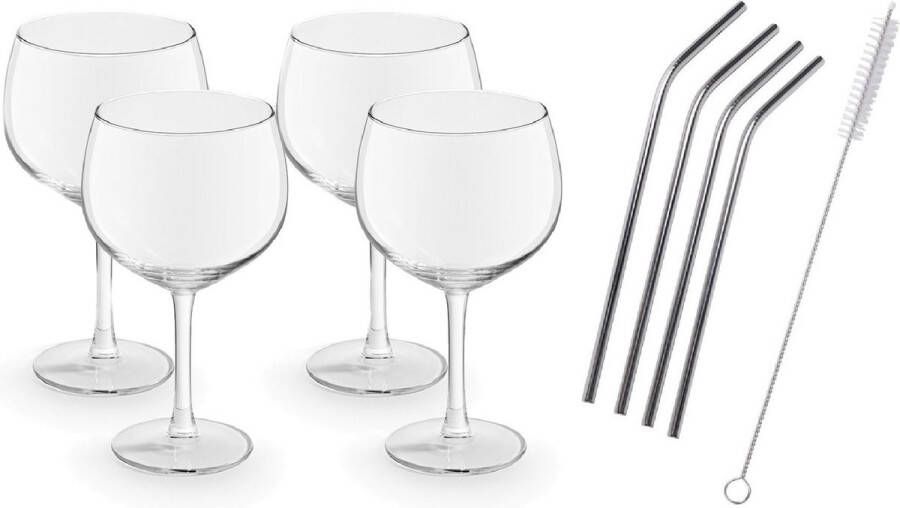 Royal Leerdam 4x Gin Tonic glazen cocktailglazen transparant 650 ml Inclusief 4x RVS herbruikbare rietjes