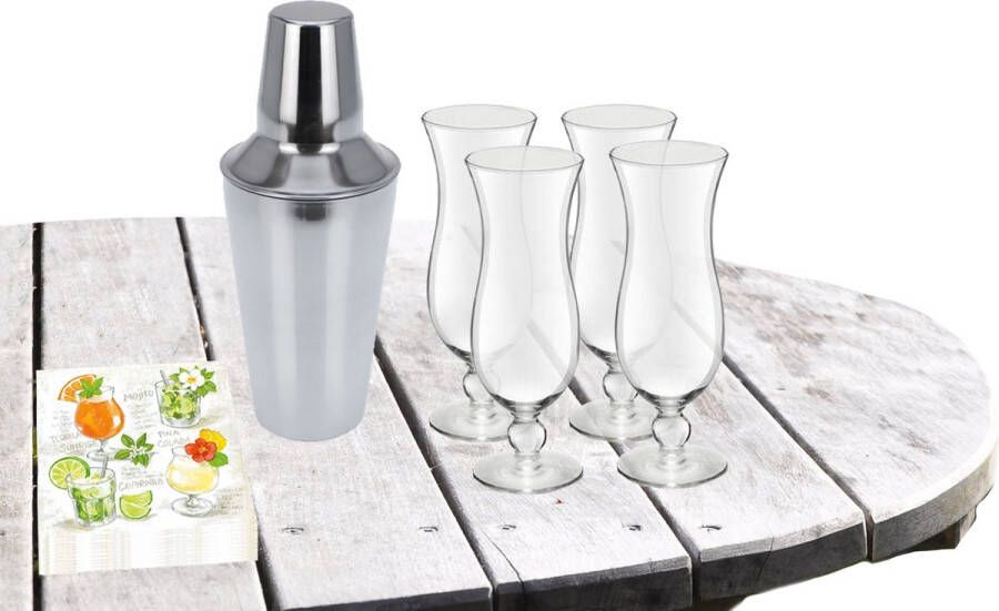 Royal Leerdam Cocktailshaker 500 ML met 4x Cocktailglazen Hawaii 440 ML en 20x thema servetten