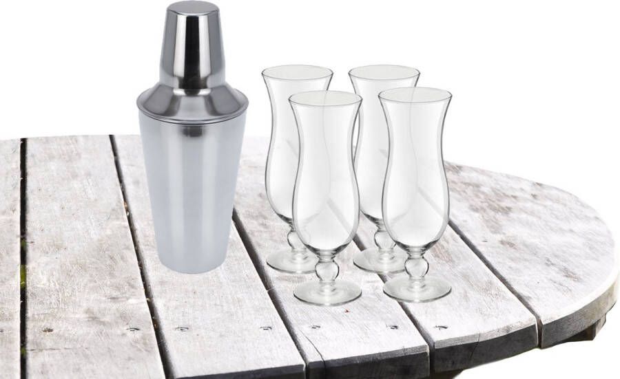 Royal Leerdam Cocktailshaker met 4x Cocktailglazen Hawaii transparant 440 ml Cocktailglazen