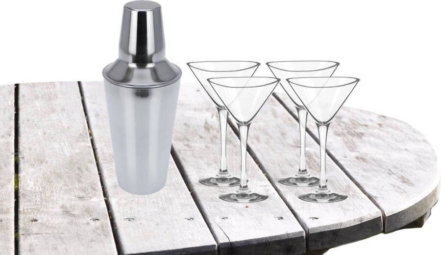 Royal Leerdam Cocktailshaker met 4x Cocktailglazen Martini transparant 250 ml Cocktailglazen