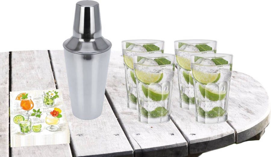 Royal Leerdam Cocktailshaker 500 ML met 4x Cocktailglazen Mojito 410 ML en 20x thema servetten