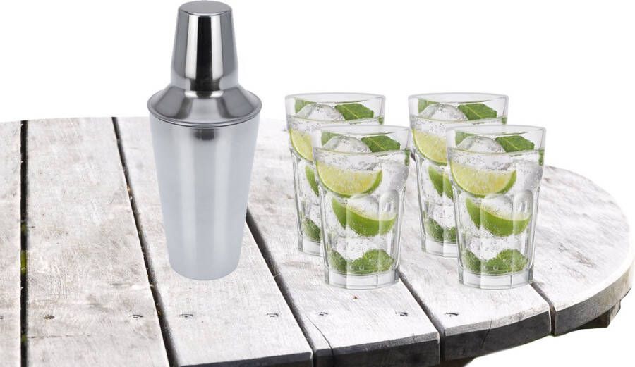 Royal Leerdam Cocktailshaker met 4x Cocktailglazen Mojito transparant 410 ml Cocktailglazen