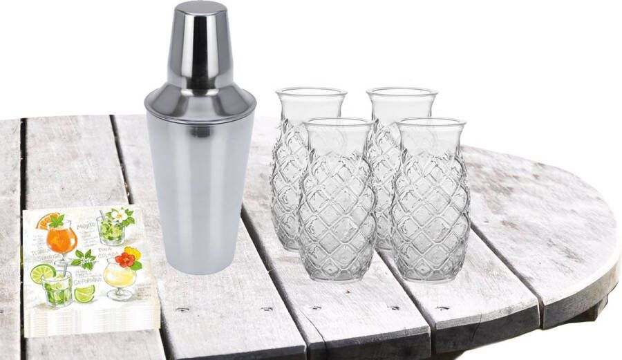 Royal Leerdam Cocktailshaker 500 ML met 4x Cocktailglazen Pina Colada 505 ML en 20x thema servetten