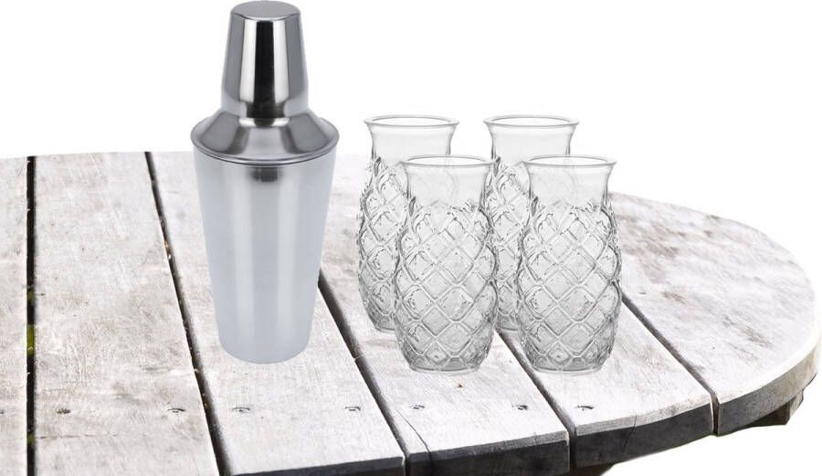 Royal Leerdam Cocktailshaker met 4x Cocktailglazen Pina Colada transparant 505 ml Cocktailglazen