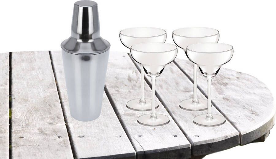 Royal Leerdam Cocktailshaker met 4x Cocktailglazen Margarita transparant 300 ml Cocktailglazen