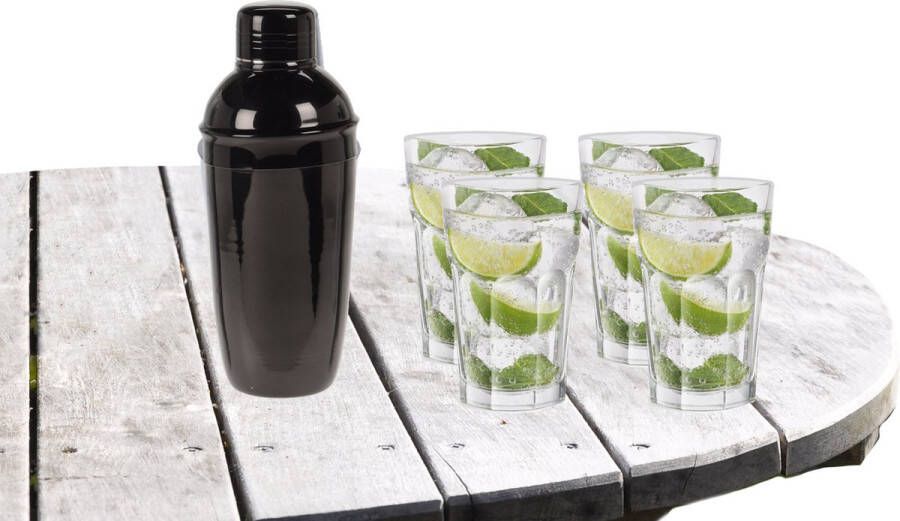 Royal Leerdam Cocktailshaker zwart RVS 500 ML met 4x Cocktailglazen Mojito transparant 410 ML