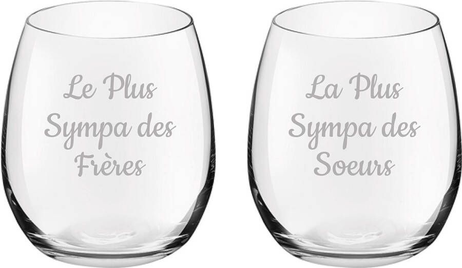 Royal Leerdam Drinkglas gegraveerd 39cl Le Plus Sympa des Frères & La Plus Sympa des Soeurs