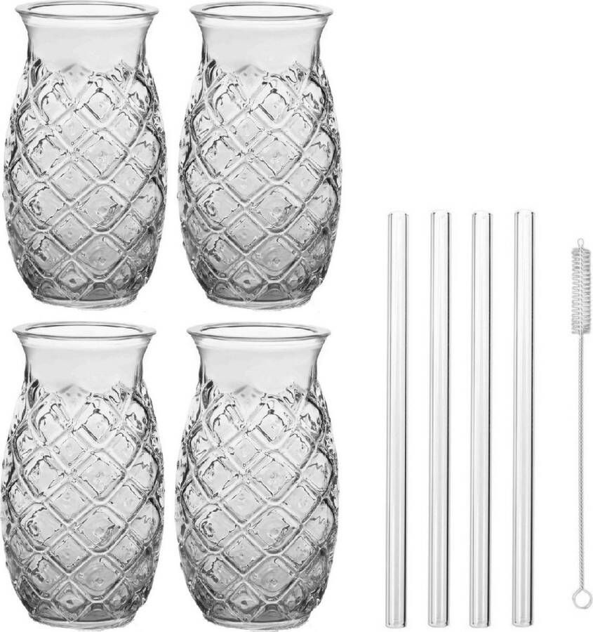Royal Leerdam Set van 4x Cocktailglazen transparant 505 ml Pina Colada Inclusief 4x glazen herbruikbare rietjes