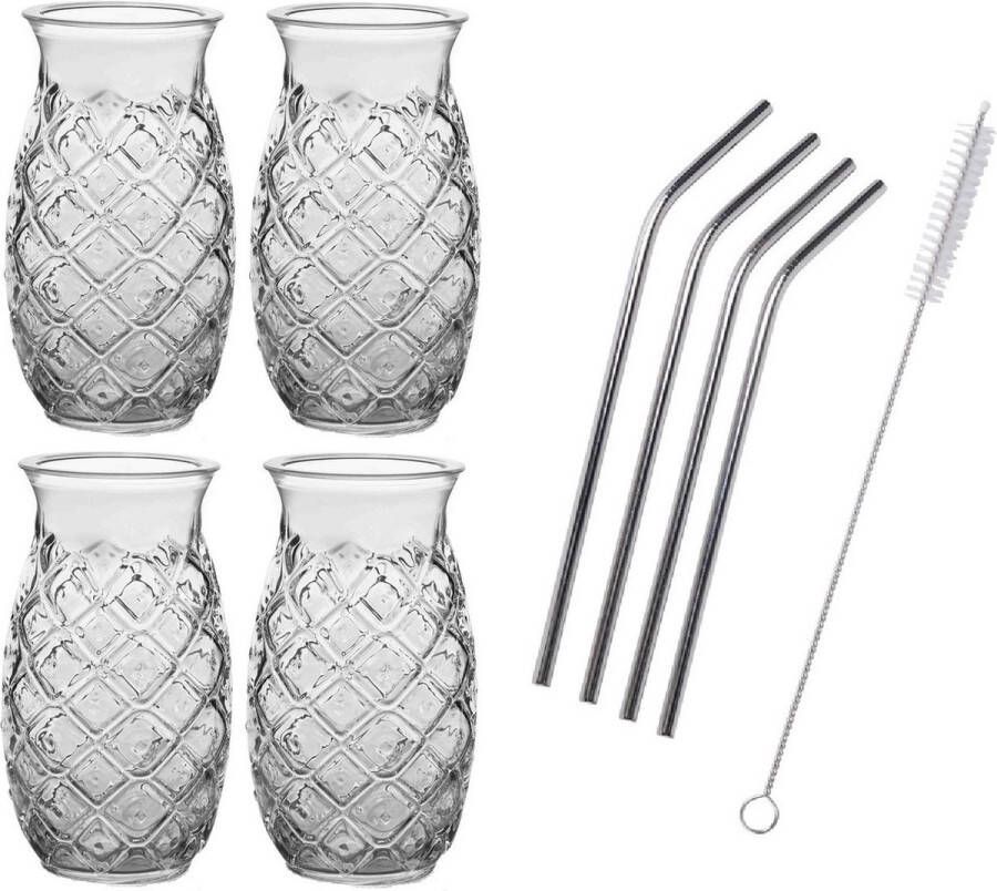 Royal Leerdam Set van 4x Cocktailglazen transparant 505 ml Pina Colada Inclusief 4x RVS herbruikbare rietjes