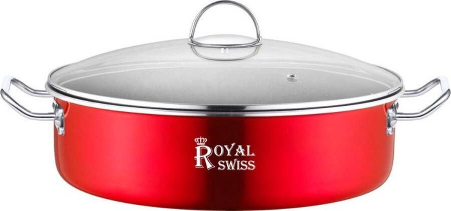 Royal Swiss Groot Inductie Braadpan 32cm Pannenset met Antiaanbaklaag en Glazen Deksel Rood