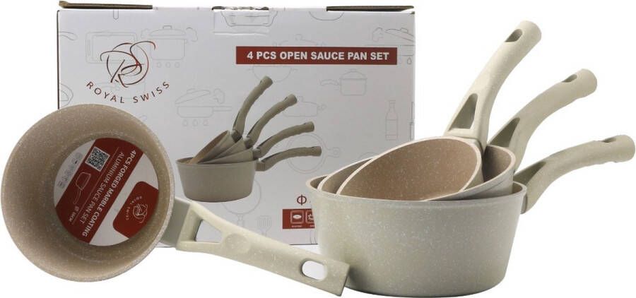 Royal Swiss Pannenset 4-delig Sauspan Soft-touch handgreep Inductie 14 16 18 en 20 cm Steelpannen Antiaanbaklaag Beige