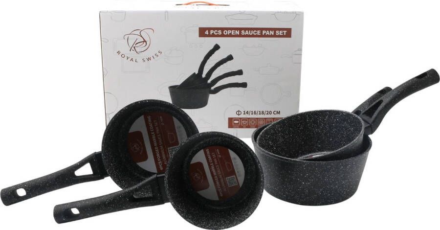 Royal Swiss Pannenset 4-delig Sauspan Soft-touch handgreep Inductie 14 16 18 en 20 cm Steelpannen Antiaanbaklaag Zwart