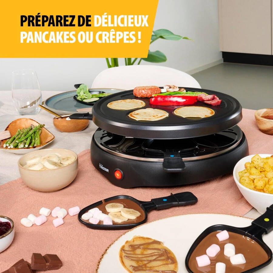 Royal Swiss Raclettegrill met 6 pannetjes YP-500 en grill- en crêpeplaat – 6 personen – Anti aanbaklaag Rond model Zwart