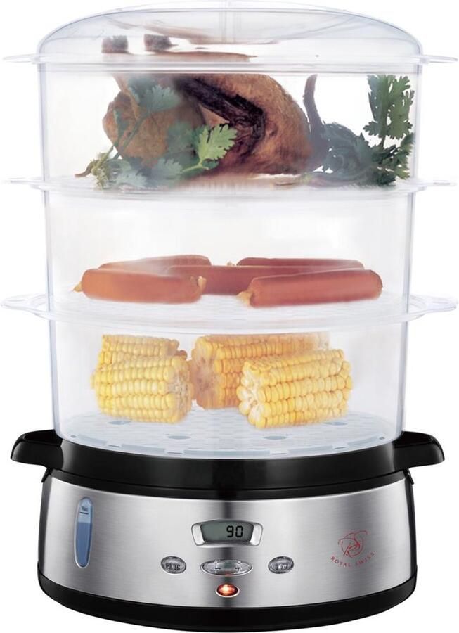 Royal Swiss Stoomkoker 9 Liter 800W Food steamer met 3 lagen BPA-vrij Automatische uitschakeling