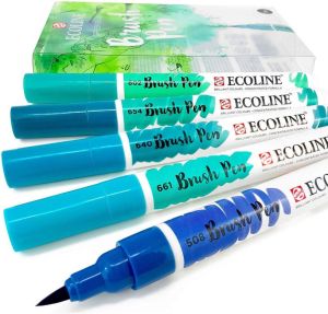 Royal Talens Ecoline Brushpen Set met 5 Pennen (Groen Blauw) + een handige Zipperbag + 2 x A4 Ecoline aquarelblok + Basis Boekje Brush Handlettering
