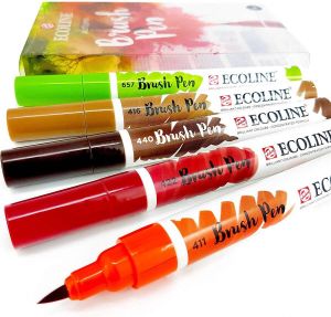 Royal Talens Ecoline Brushpen Set met 5 Pennen (Herfst) + een handige Zipperbag + 2 x A4 Ecoline aquarelblok + Basis Boekje Brush Handlettering